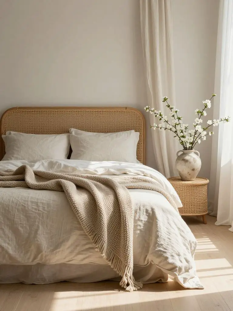 An airy bedroom styled with eco friendly home decor and organic textiles.