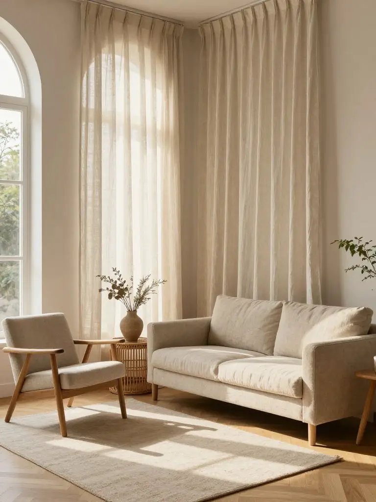 Low-impact sustainable lounge corner featuring organic linen curtains and natural wood furniture in a Warm Minimalist style.