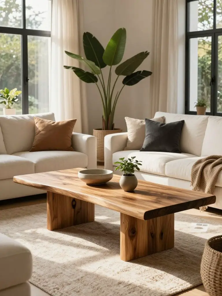 An organic modern cozy earthy living room showcasing a chunky live-edge wood coffee table supported by sculptural wood legs, centered on a t.