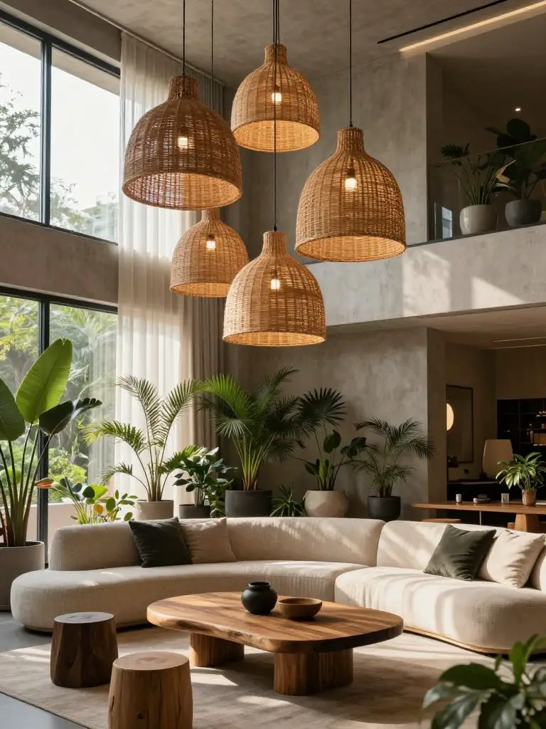 An organic modern eco friendly living room featuring a dramatic cluster of woven rattan pendant lights suspended at varied heights.