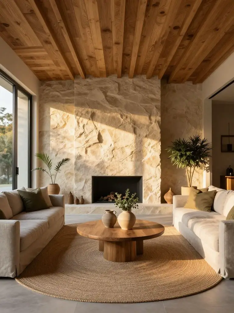 An organic modern living room showcasing a dramatic wood slat ceiling and textured stone feature wall in a Modern Rustic style.