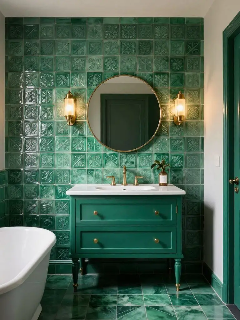 An ornate emerald green bathroom showcasing a dramatic feature wall of embossed emerald tiles with intricate patterns.