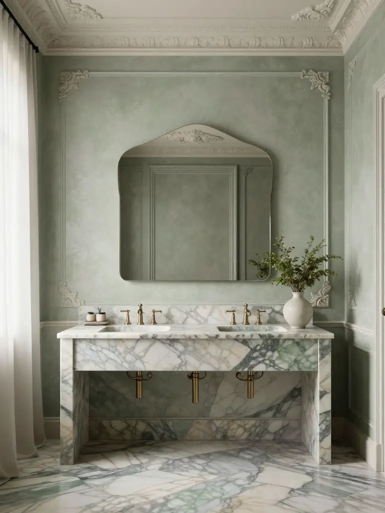 An ornate European-inspired bathroom with textured sage plaster walls framed by decorative molding.