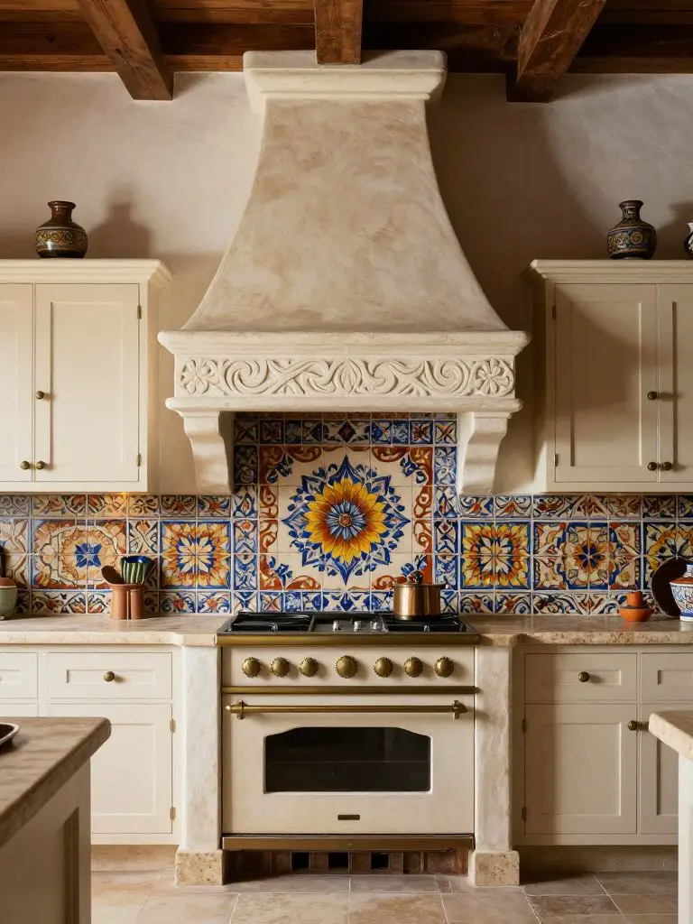 An elegant Mexican Hacienda kitchen centered around a carved plaster range hood in warm ivory stucco, framed by ornate hand-painted tile bac.