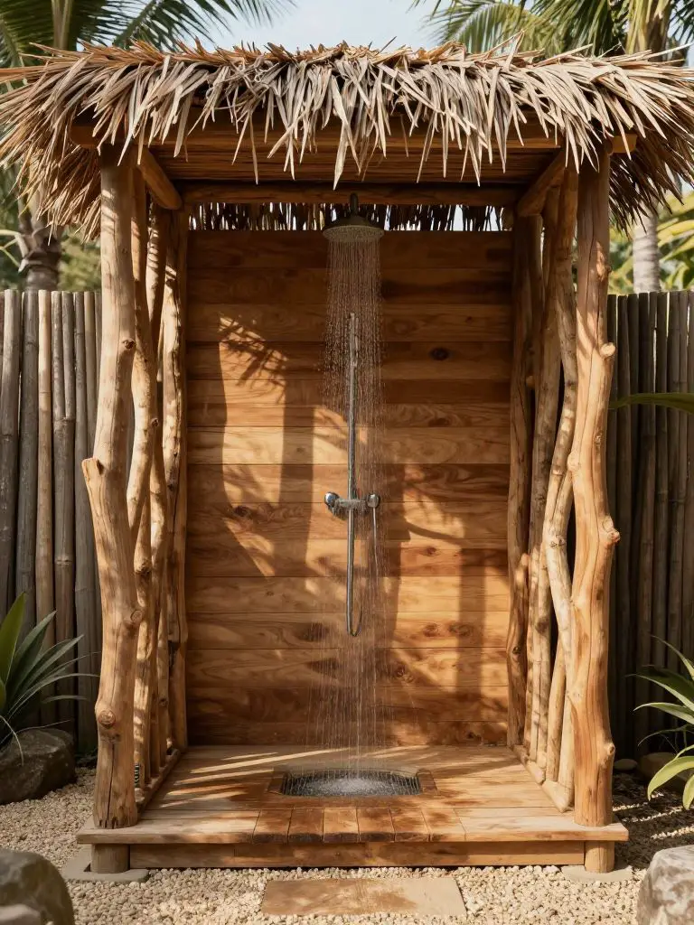 A rustic off-grid outdoor shower designed with natural materials and tropical minimalism.