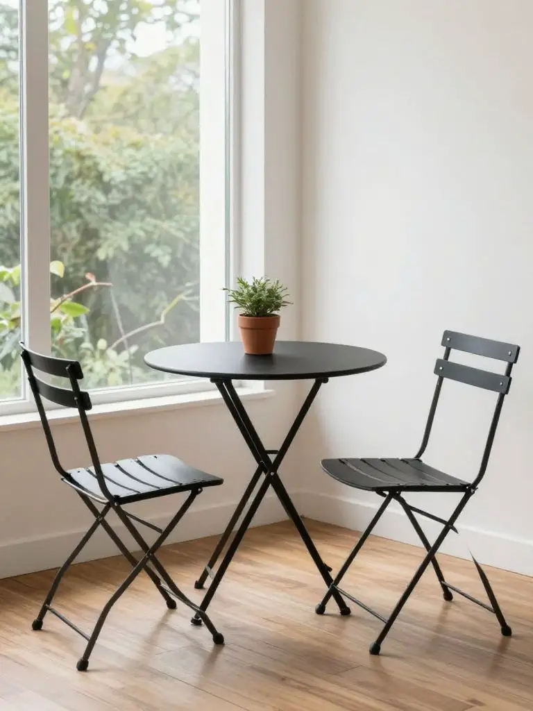 interior photography of compact metal bistro set indoors, small round black metal table with two matching folding chairs, placed near large.