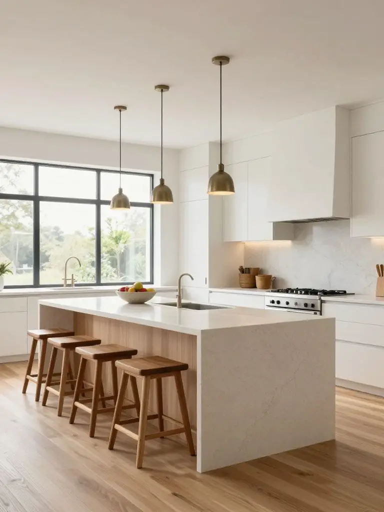 Spacious kitchen remodel centered around an oversized waterfall island in creamy quartz, positioned prominently in the foreground with warm.