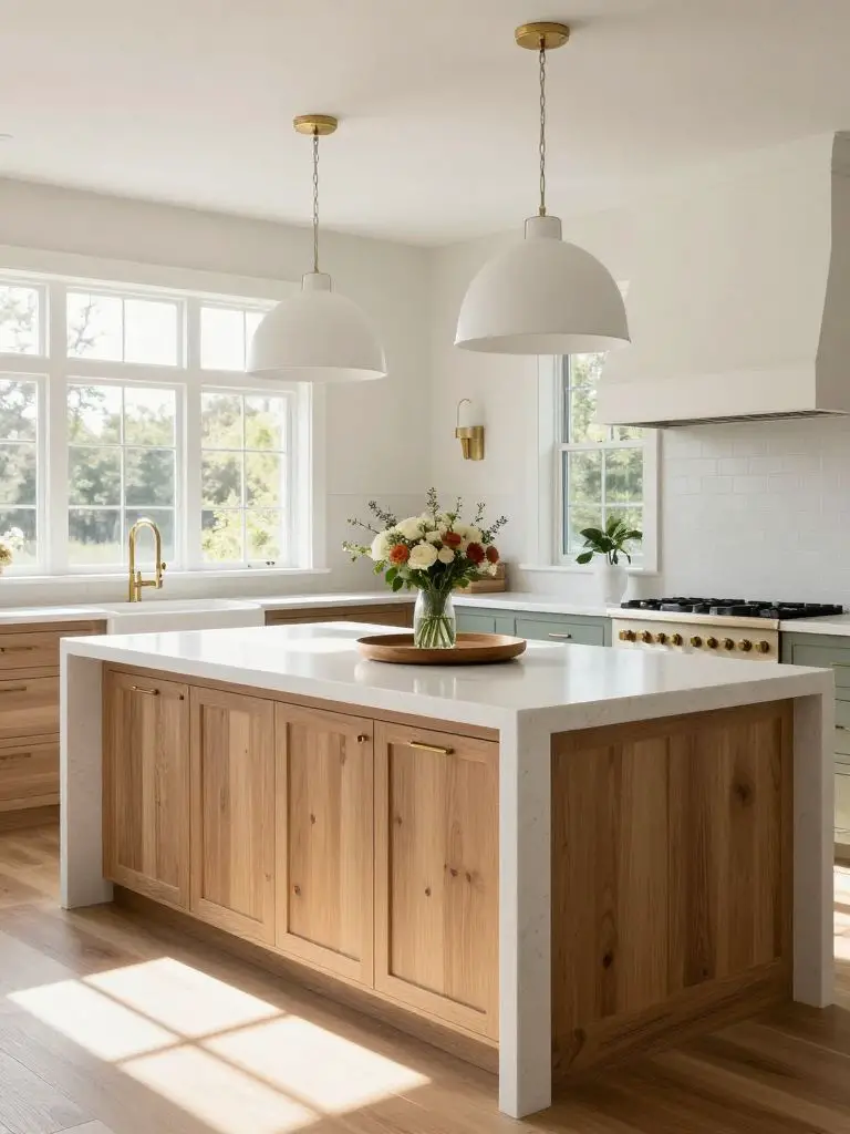 A modern farmhouse kitchen renovation showcasing a large white quartz waterfall island paired with rustic medium-tone oak cabinetry along th.