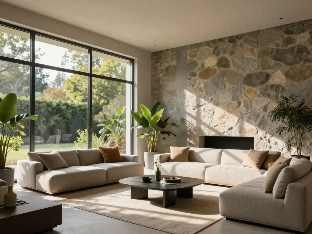 interior photography of passive solar design living room, large south-facing windows with natural sunlight streaming in, exposed thermal mas.