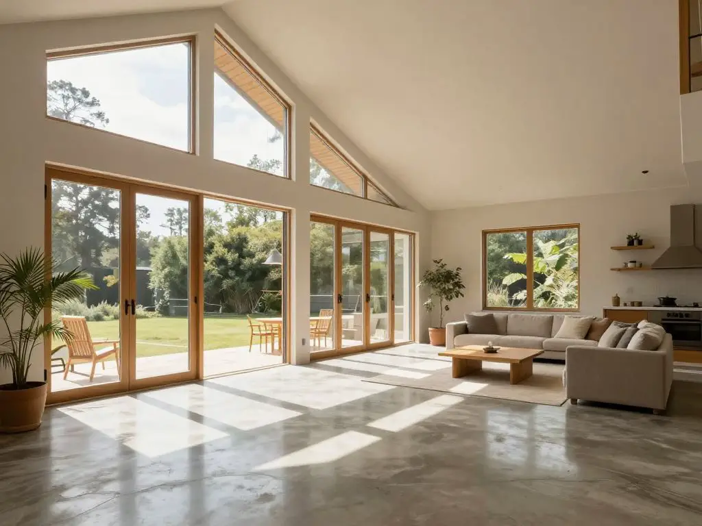 interior photography of a bright passive solar home interior with large south-facing windows, sunlight streaming across polished concrete th.