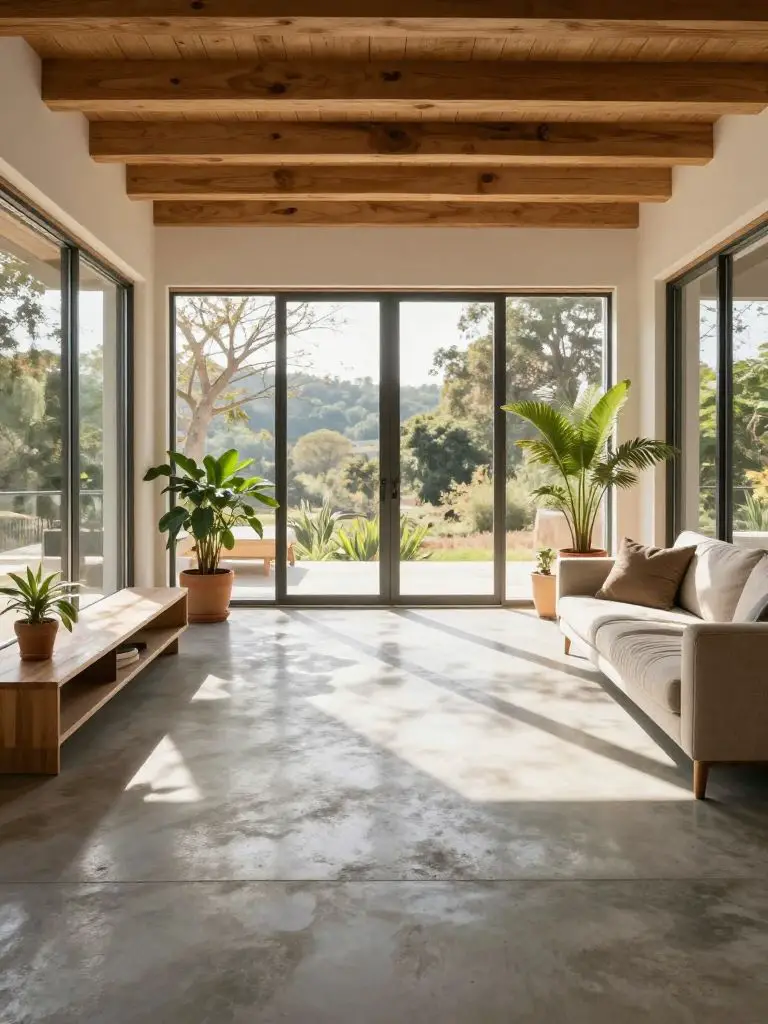 interior of a passive solar home living room with floor-to-ceiling south-facing windows and concrete thermal mass floor.