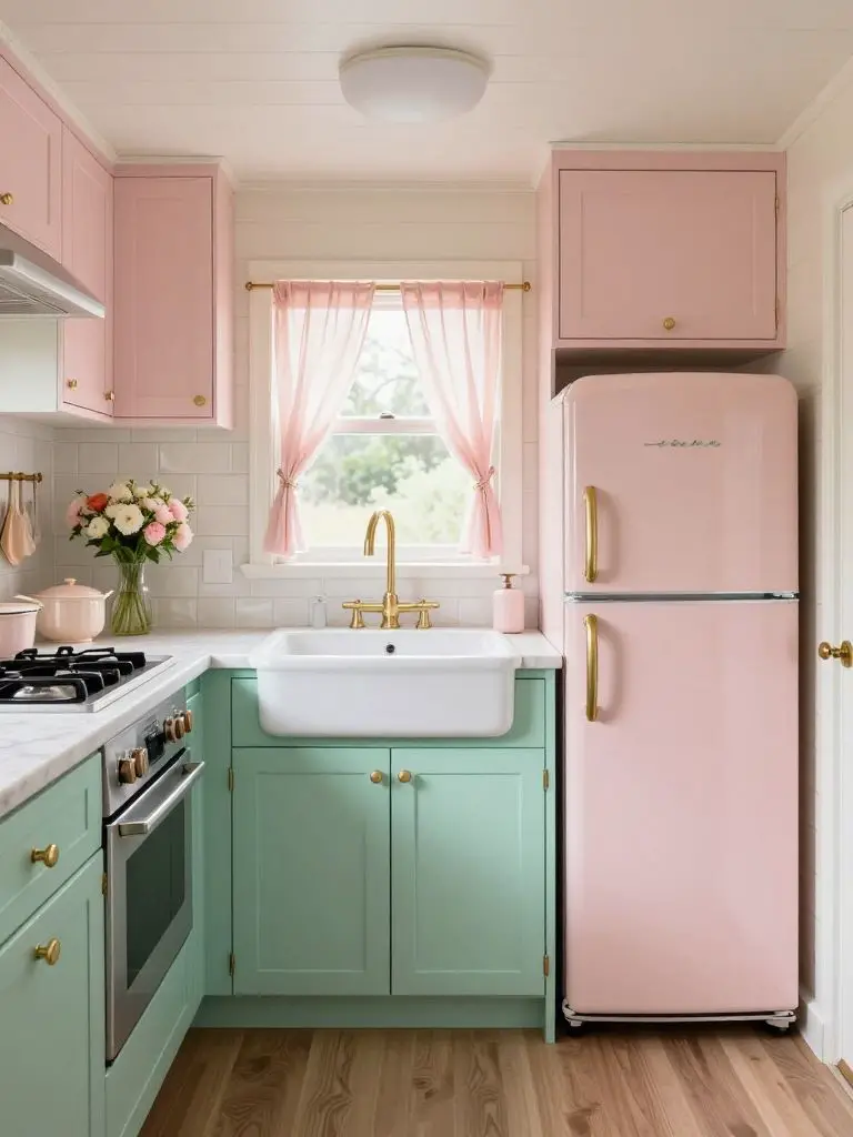 A retro-inspired tiny home kitchen in soft pastel vintage style featuring mint green lower cabinets, blush pink upper cabinetry, and a match.