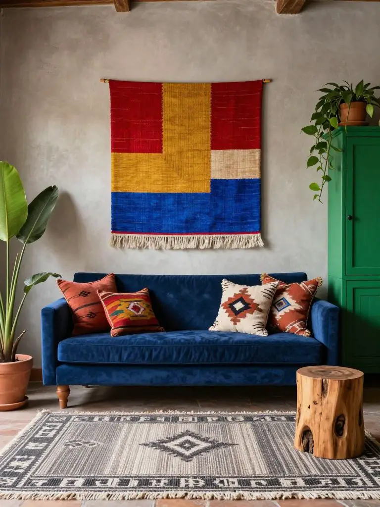 A pattern-rich rustic Mexican living room blending Boho Mexican and Modern Rustic design.
