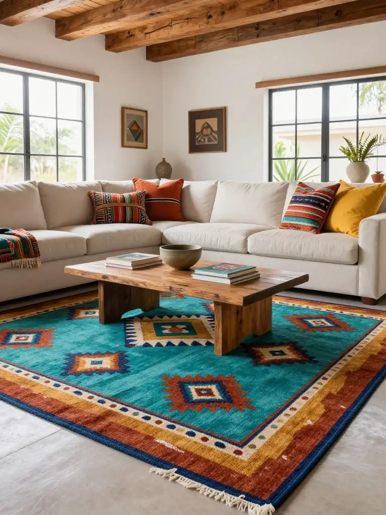 A bright Mexican-inspired living room centered around a bold geometric Mexican area rug in turquoise, rust, mustard, and indigo tones.