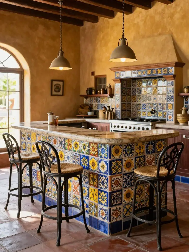 A Mexican Hacienda kitchen featuring a patterned tile breakfast bar clad in colorful Talavera tiles in cobalt, sunflower yellow, terracotta.