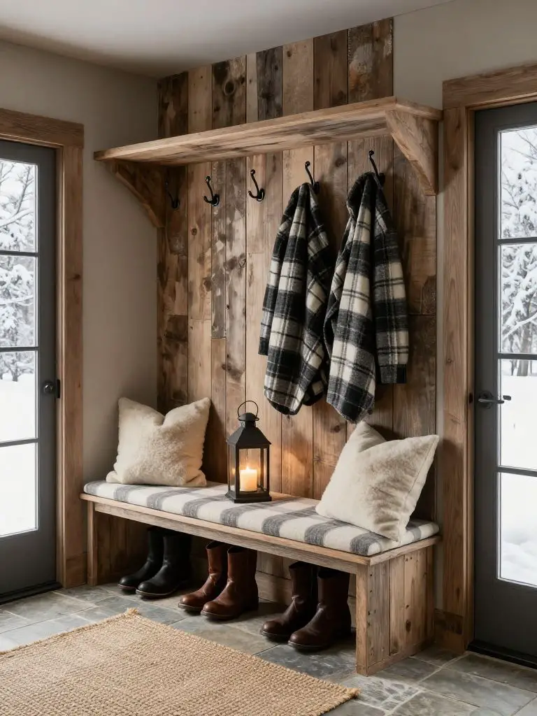 A functional winter cabin decor mudroom styled in rustic farmhouse design, featuring vertical reclaimed wood planks in weathered oak and a l.