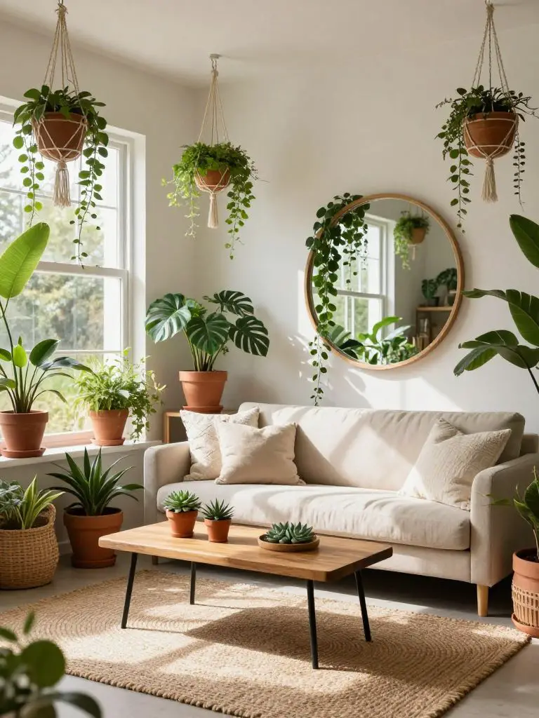 A plant-filled boho country living room overflowing with greenery in terracotta pots and woven baskets.