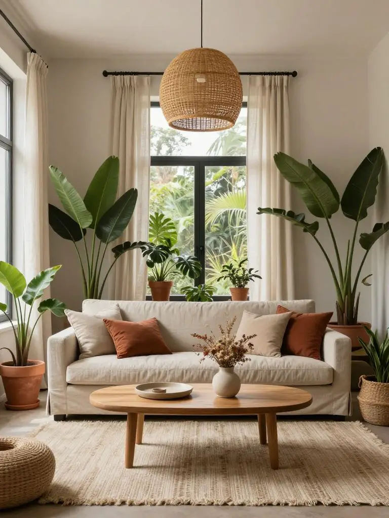 A plant-filled cozy earthy living room in a Warm Minimalist style featuring a soft neutral sofa layered with textured beige and rust-toned p.