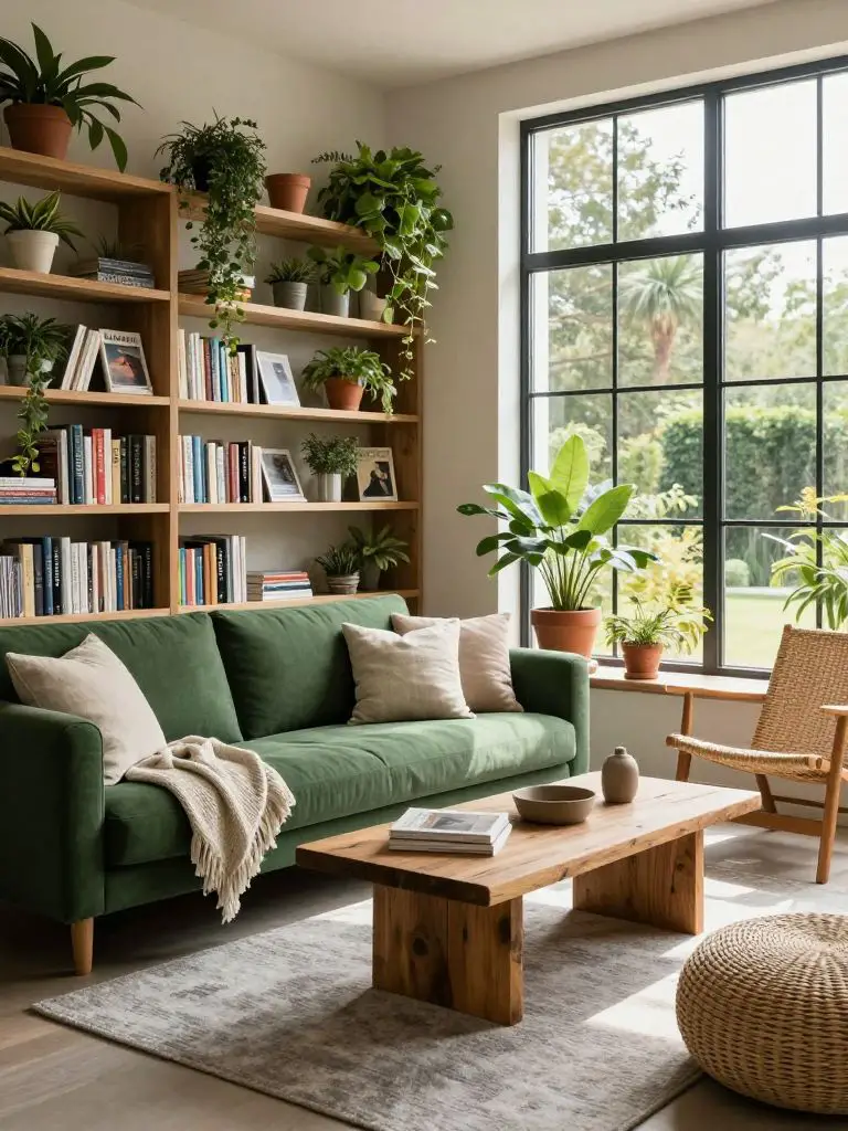 A plant-filled sustainable reading nook with FSC wood shelving filled with trailing greenery and terracotta planters.
