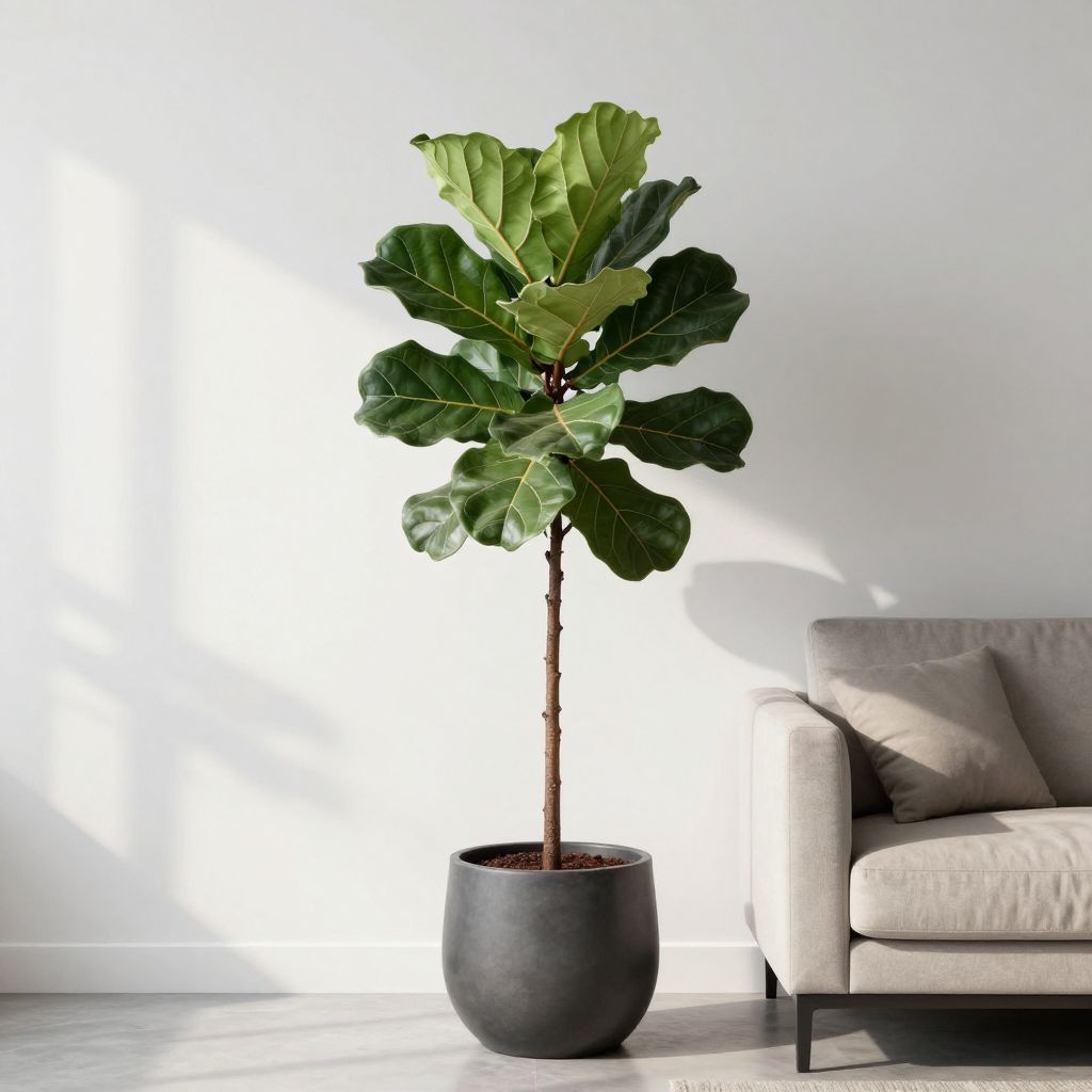lifestyle photography of minimalist living room with carefully curated plant styling, featuring single large fiddle leaf fig in matte charco.