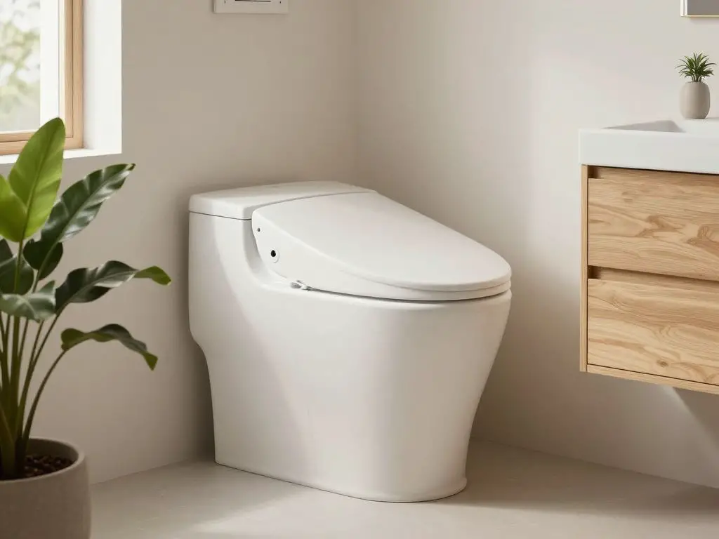 image of modern composting toilet system in minimal off-grid bathroom, clean Scandinavian design, natural wood finishes, plants, simple eleg.