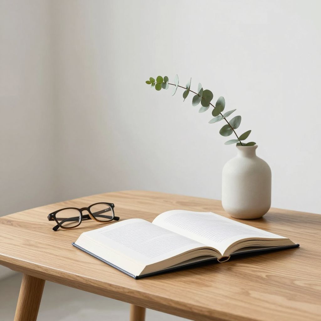 Professional lifestyle interior photography of purposeful minimalist living room decor, featuring open hardcover book and reading glasses on.