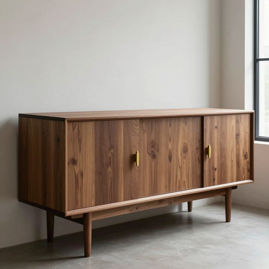 interior photography showcasing quality craftsmanship in minimalist furniture, featuring solid walnut mid-century credenza with visible wood.
