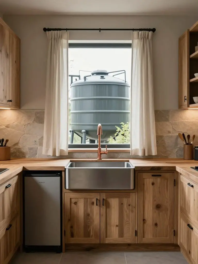 A off-grid kitchen centered around a gravity-fed sink system positioned directly beneath a wide window.