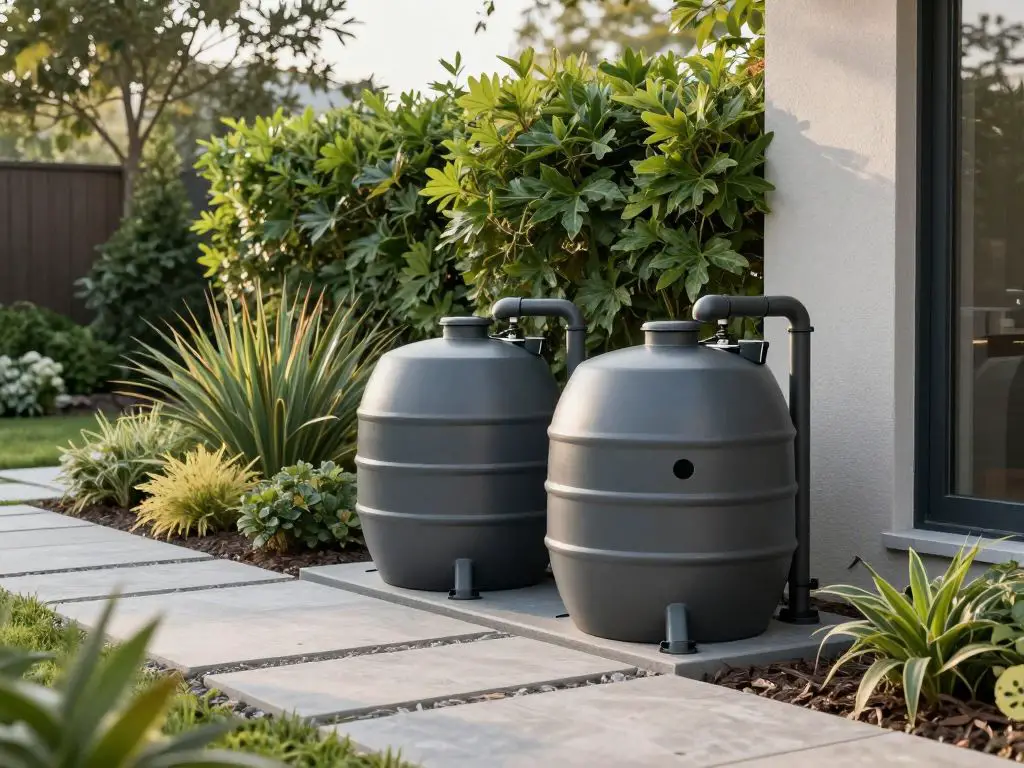 exterior photography of a sustainable home rainwater harvesting system with elegant modern rain barrels and collection tanks integrated into.