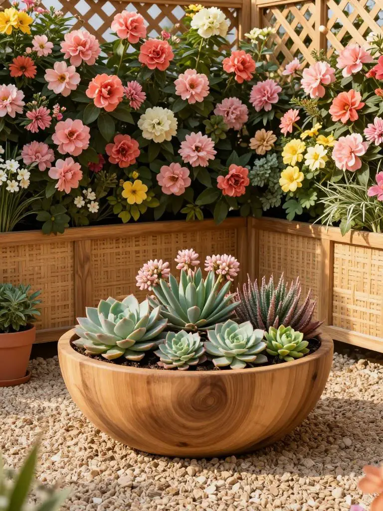 A raised wooden bowl planter placed in a gravel garden corner with a woven lattice fence covered in colorful blooms behind it.