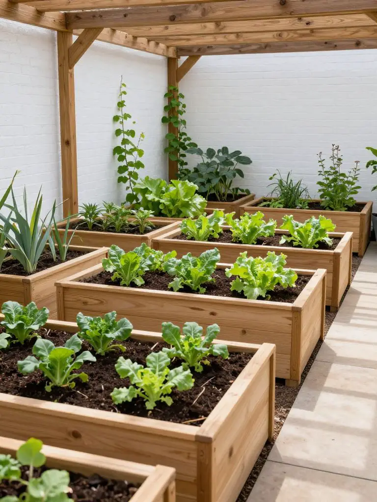 An organized tiny backyard vegetable garden featuring raised wooden beds arranged in a grid layout under a simple pergola structure.