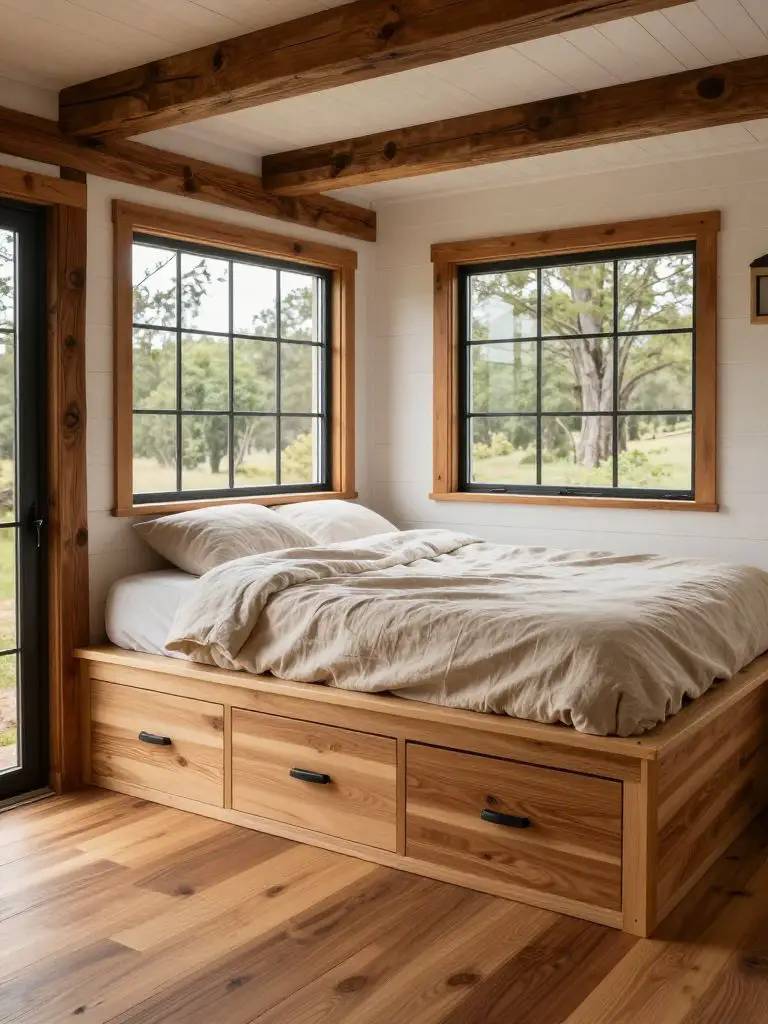 An off grid tiny house interior featuring a raised platform bed with built-in drawers, designed in modern rustic cabin style.
