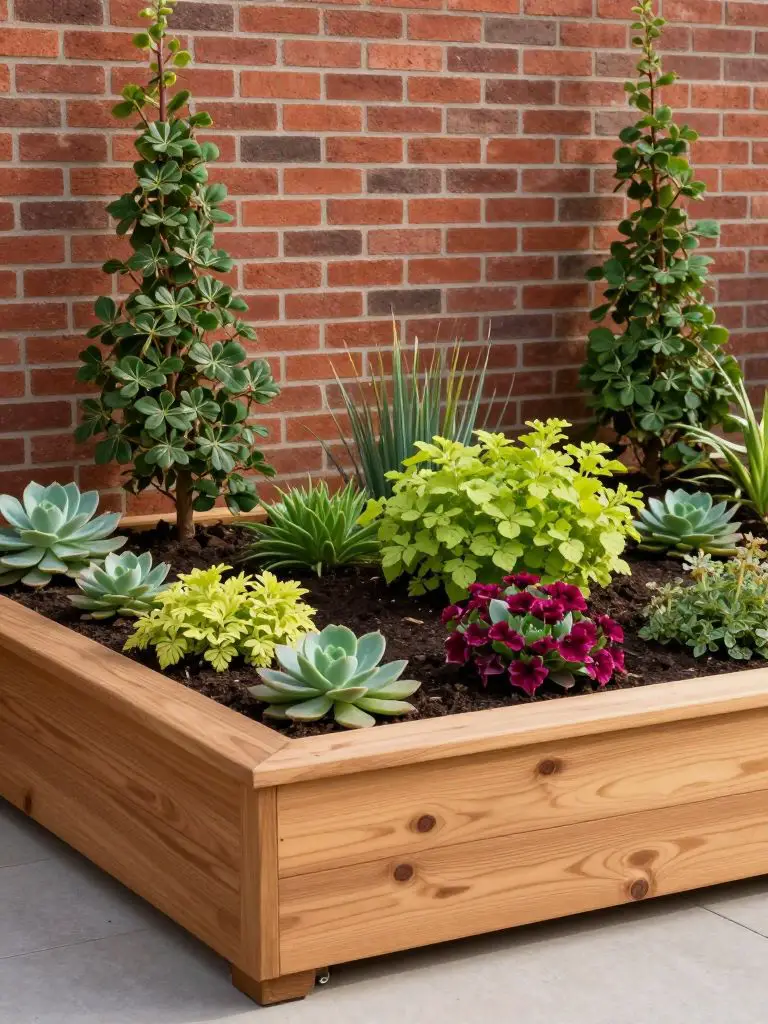 A raised wooden garden bed positioned in front of a red brick wall, styled in Warm Minimalist garden design.