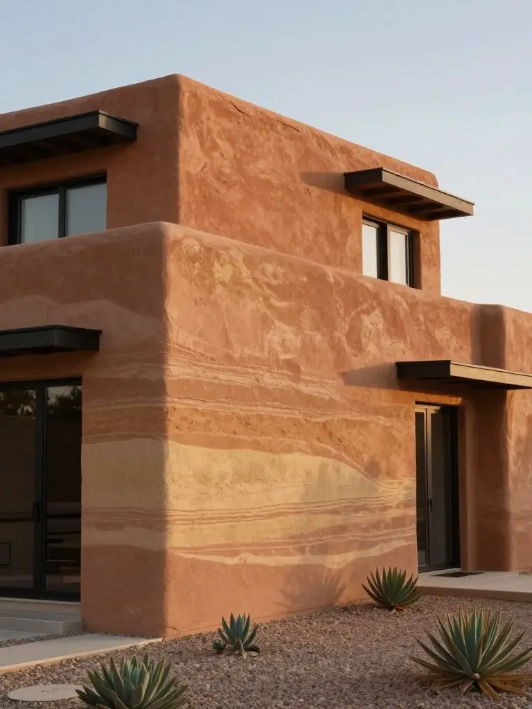 exterior of a contemporary rammed earth home with thick sculptural walls showing horizontal earth striations in natural clay tones.