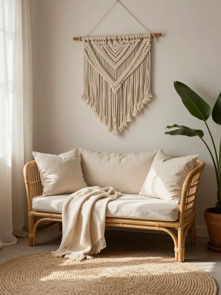 An intimate seating nook featuring eco friendly home decor in a soft bohemian-modern blend.