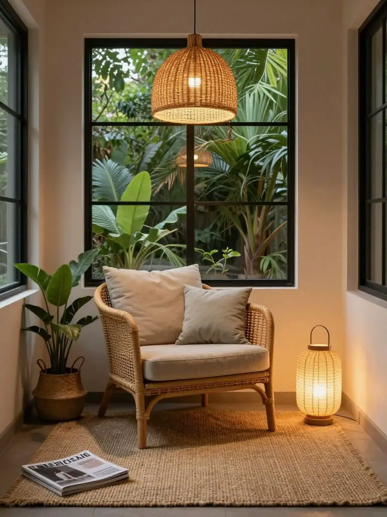 A cozy eco conscious reading nook designed in warm minimalist style.