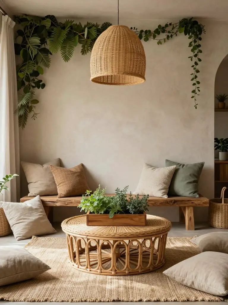 A sustainable living room styled in eco friendly interior design with a Warm Minimalist and soft bohemian influence.