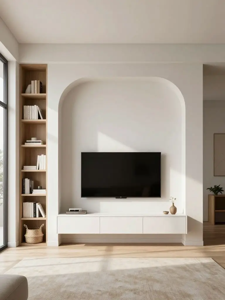 A recessed niche minimalist TV wall framed by architectural molding and built-in shelving.