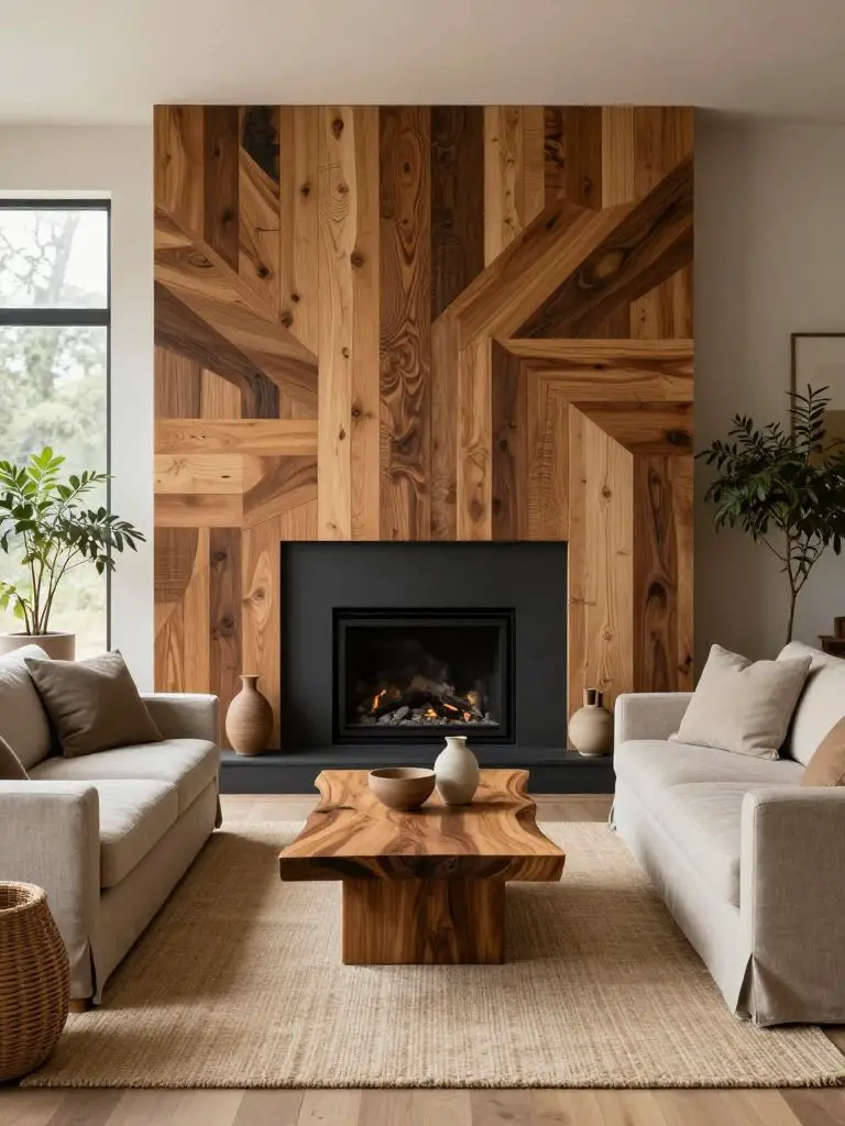 Sustainable living room featuring a reclaimed wood accent wall in a Warm Minimalist and Modern Rustic blend.