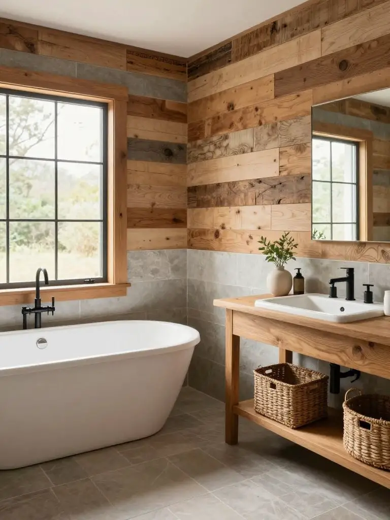 A bright modern rustic bathroom featuring reclaimed horizontal wood plank walls paired with a classic white freestanding clawfoot tub.