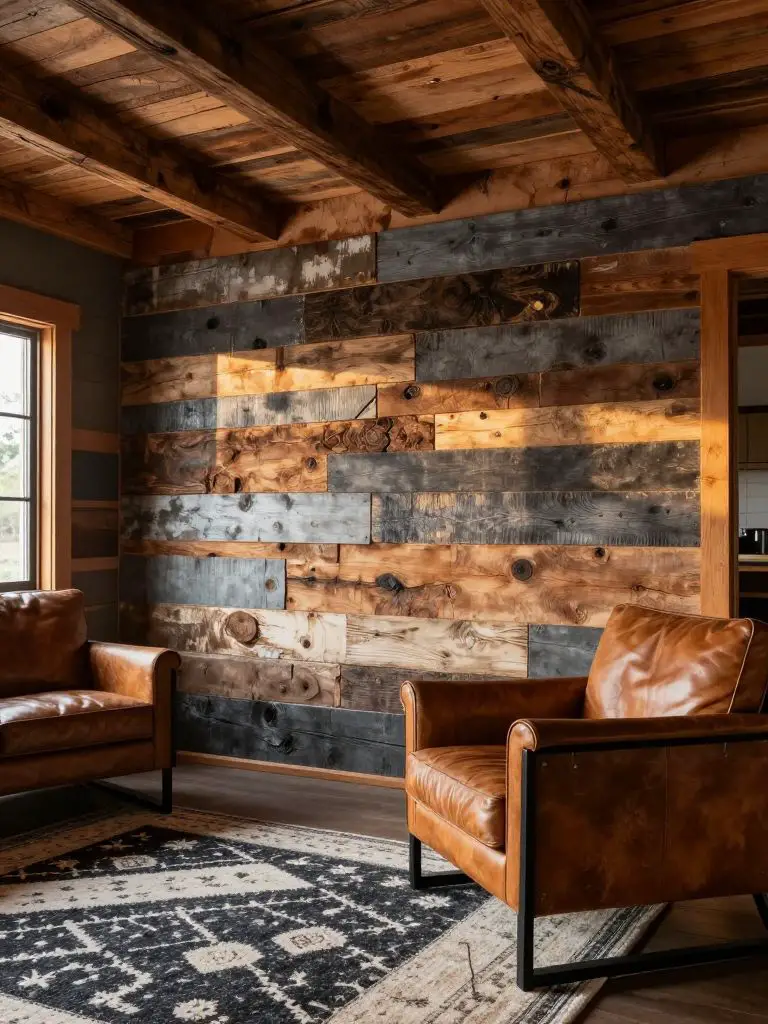 interior of a rustic modern cabin featuring reclaimed barn wood walls and ceiling beams with rich weathered patina.