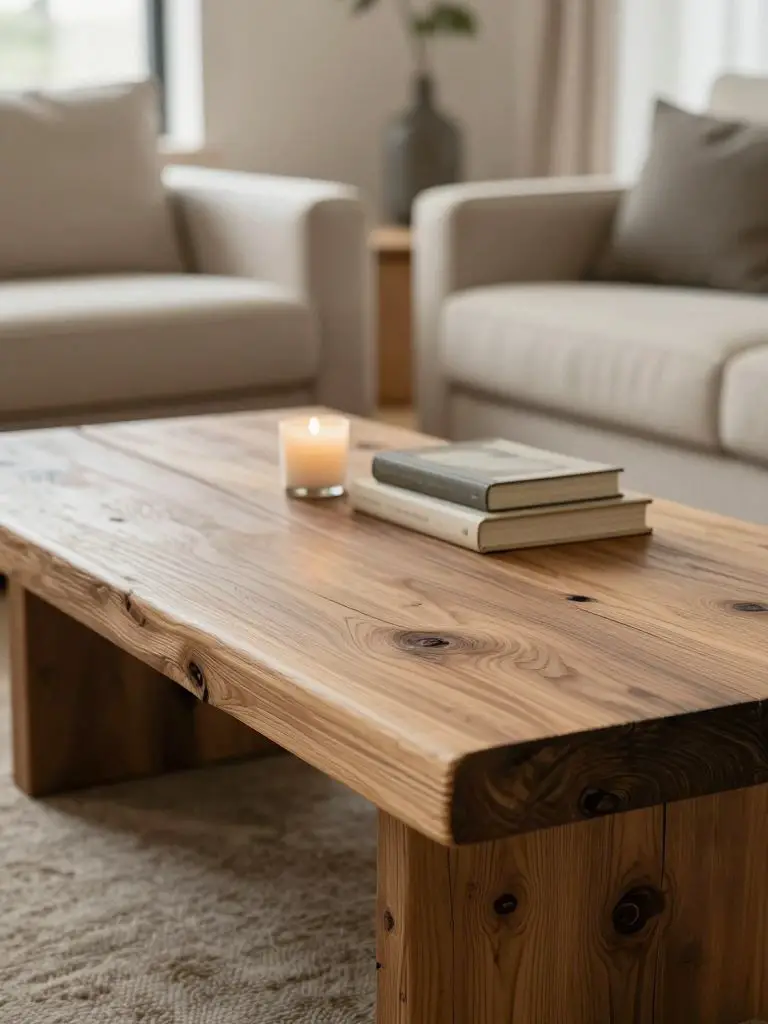 A reclaimed wood coffee table styled in a mountain cabin living room.