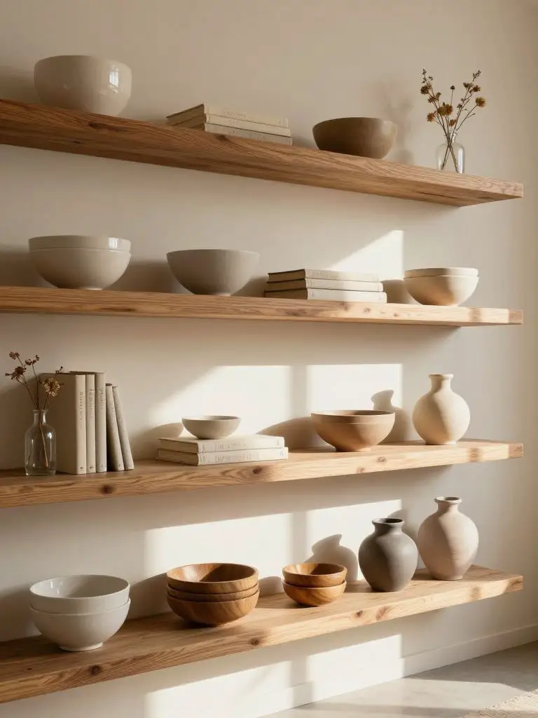 A sustainable wall display featuring thick reclaimed wood floating shelves in natural oak tones mounted against smooth cream plaster walls.