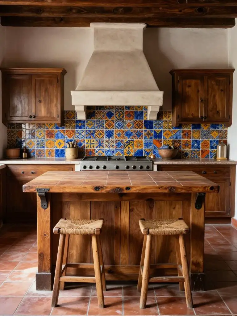 A rustic Mexican Hacienda kitchen centered on a reclaimed wood island with visible knots, iron brackets, and a slightly weathered patina.
