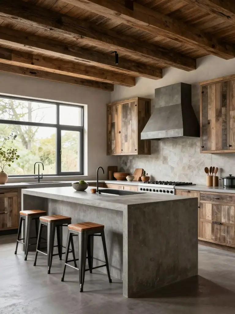 A spacious modern rustic kitchen with reclaimed wood cabinetry and exposed timber ceiling beams.