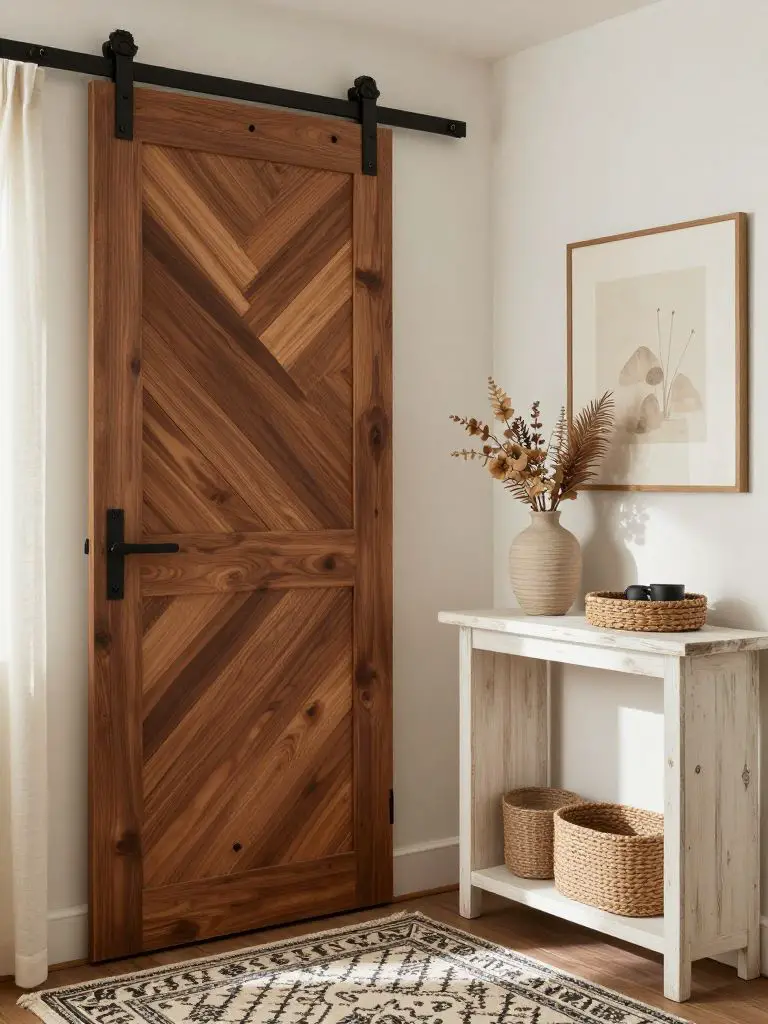 A cozy entry nook featuring a reclaimed wood chevron sliding barn door with rich walnut and driftwood tones mounted on black metal hardware.