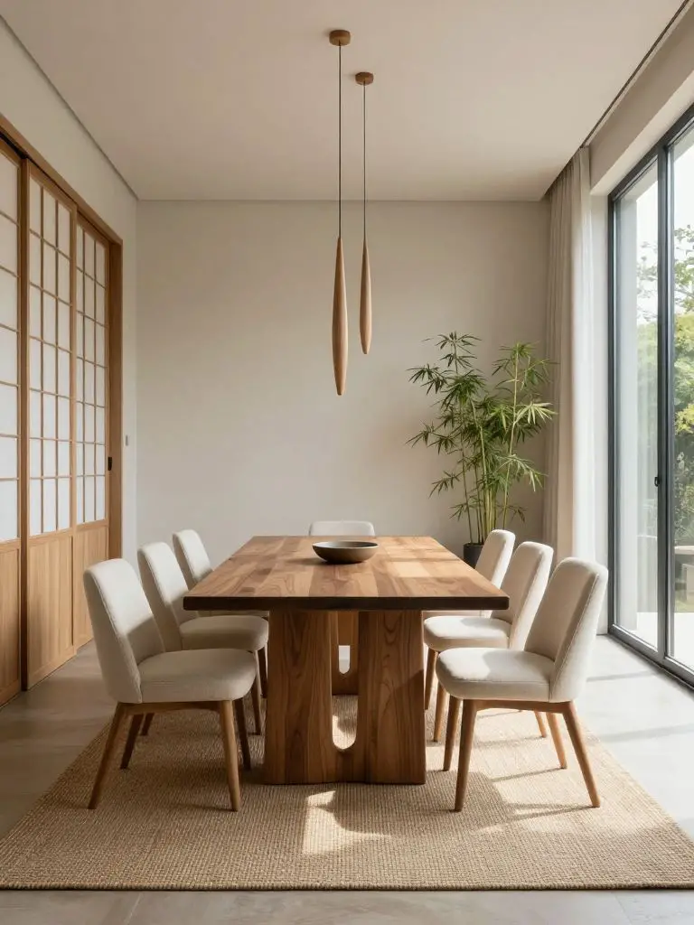 A refined Japandi dining room with a long walnut dining table placed centrally on a dual-toned woven rug in warm beige and taupe.