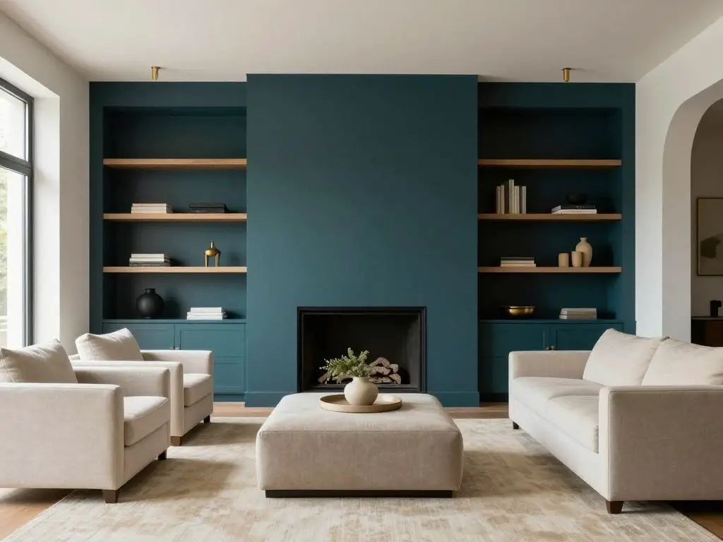 A refined minimalist living room with built-in shelving and a streamlined fireplace, designed in Contemporary Warm Minimalist style.
