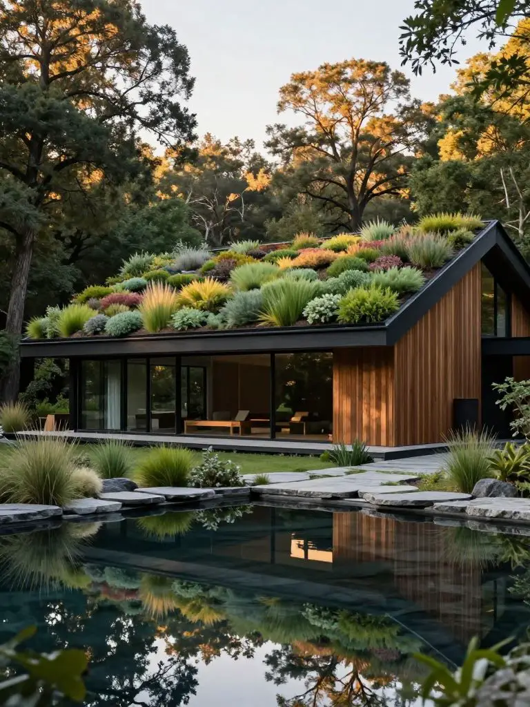 Document a striking modern home with a gently sloped green roof, nestled at the forest's edge, the roof densely planted with native sedum an.