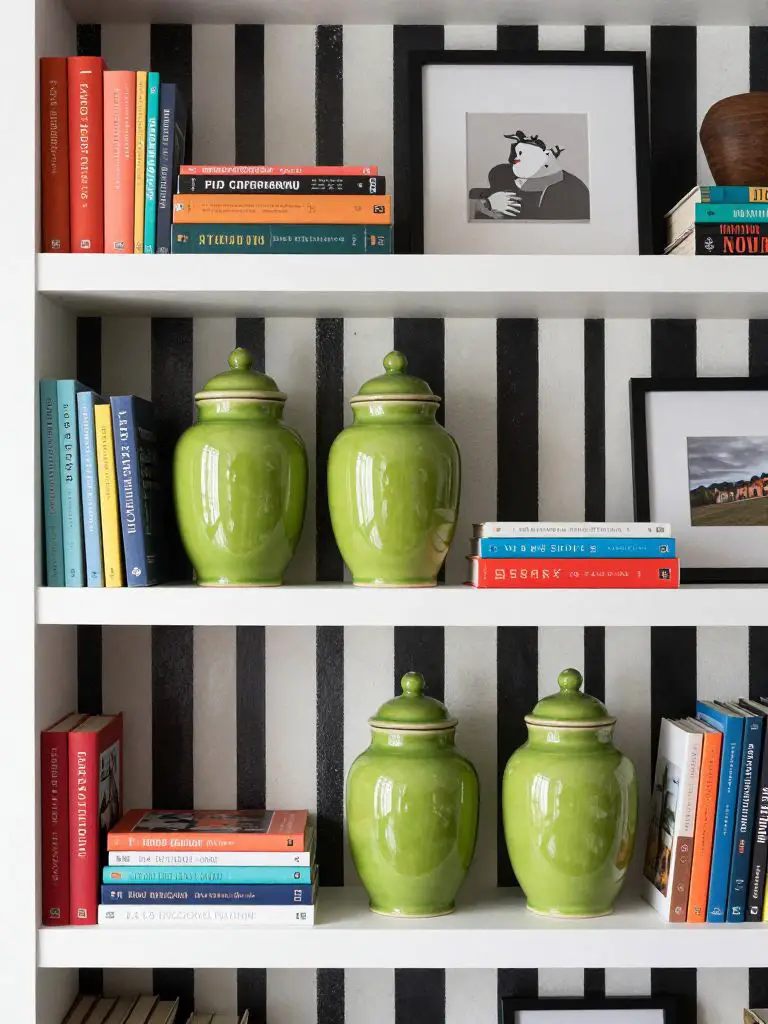 A bold eclectic built-in shelving vignette with modern maximalist flair, featuring crisp white shelves set against high-contrast black-and-w.